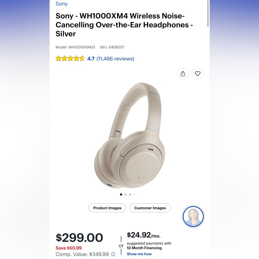Sony WH1000XM4 Wireless Headphones - Cream